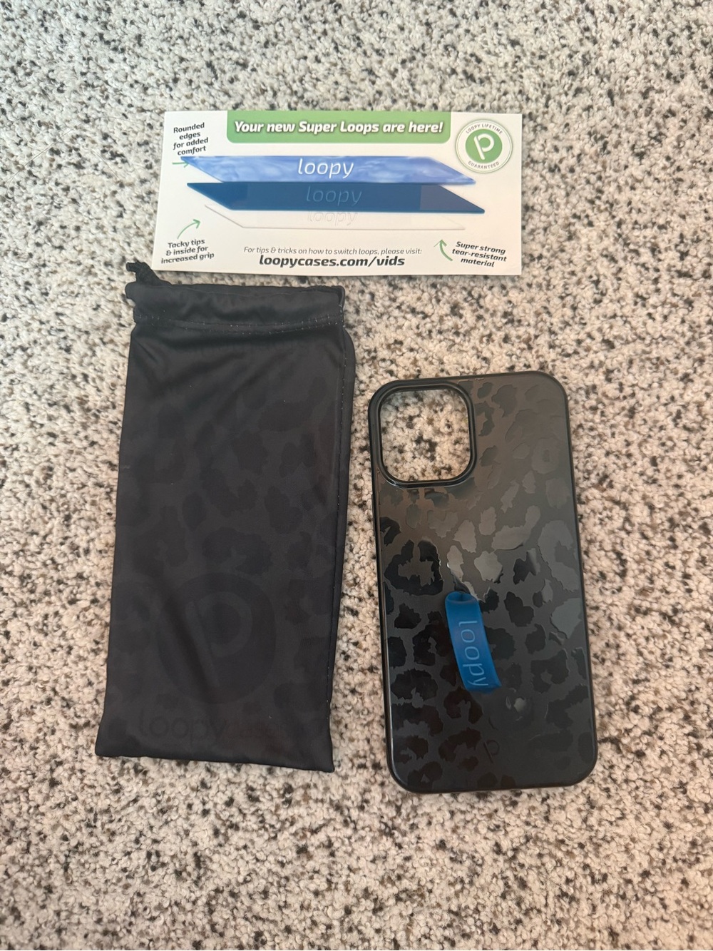 Loopy Case Black Leopard iPhone Case with Blue Loopy Strap